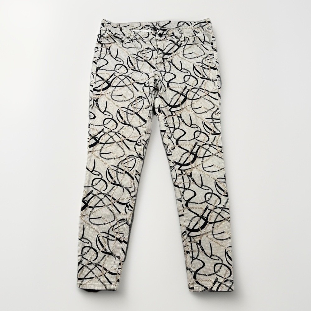 Bisou Bisou Skinny Pants Womens 34x28 Cream Black Chain Print Mid Rise Trousers